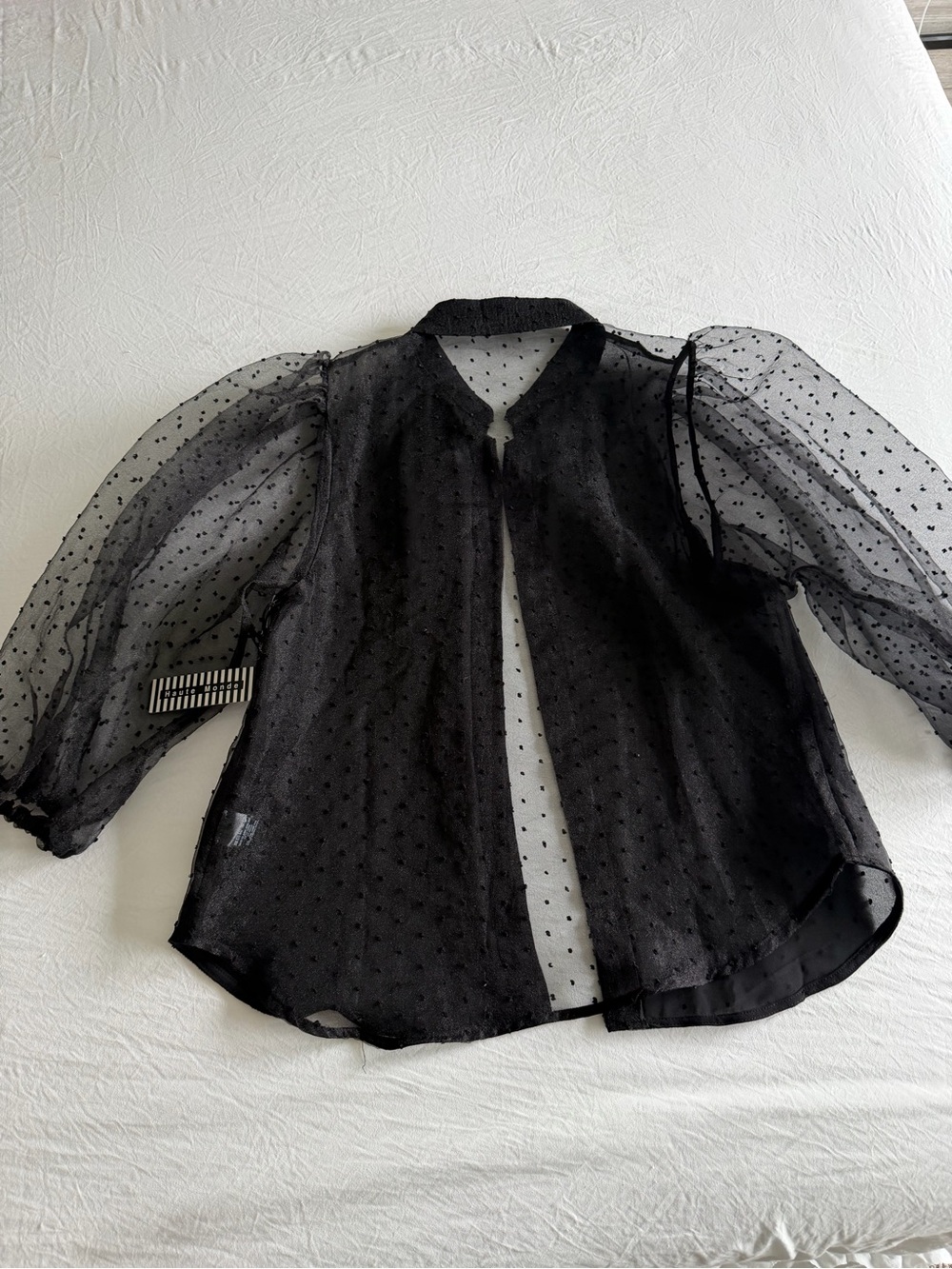 Haute Monde Black Sheer Polka Dot Robe-Style Blouse